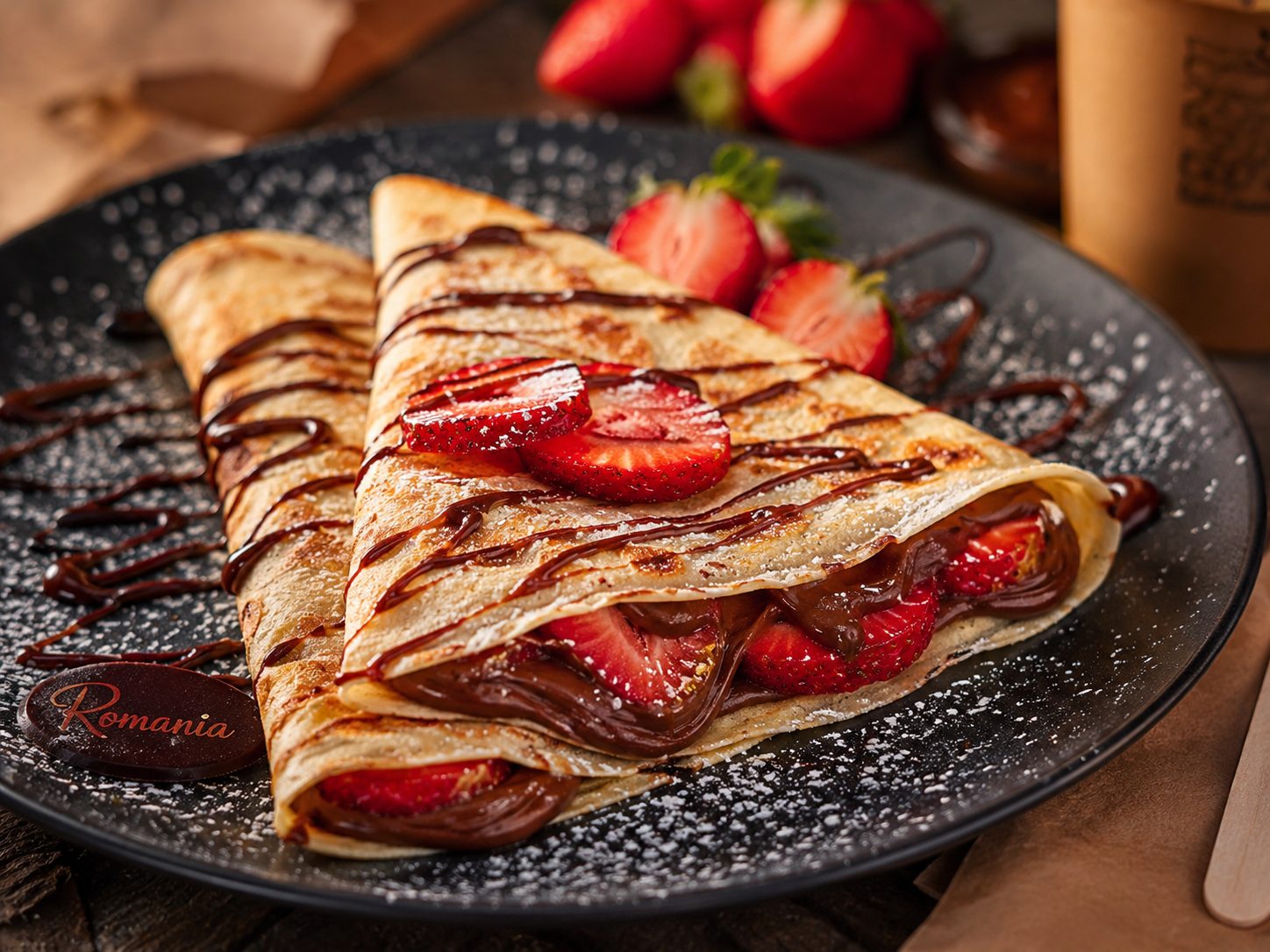 Sweet crepes with chocolate and strawberries
