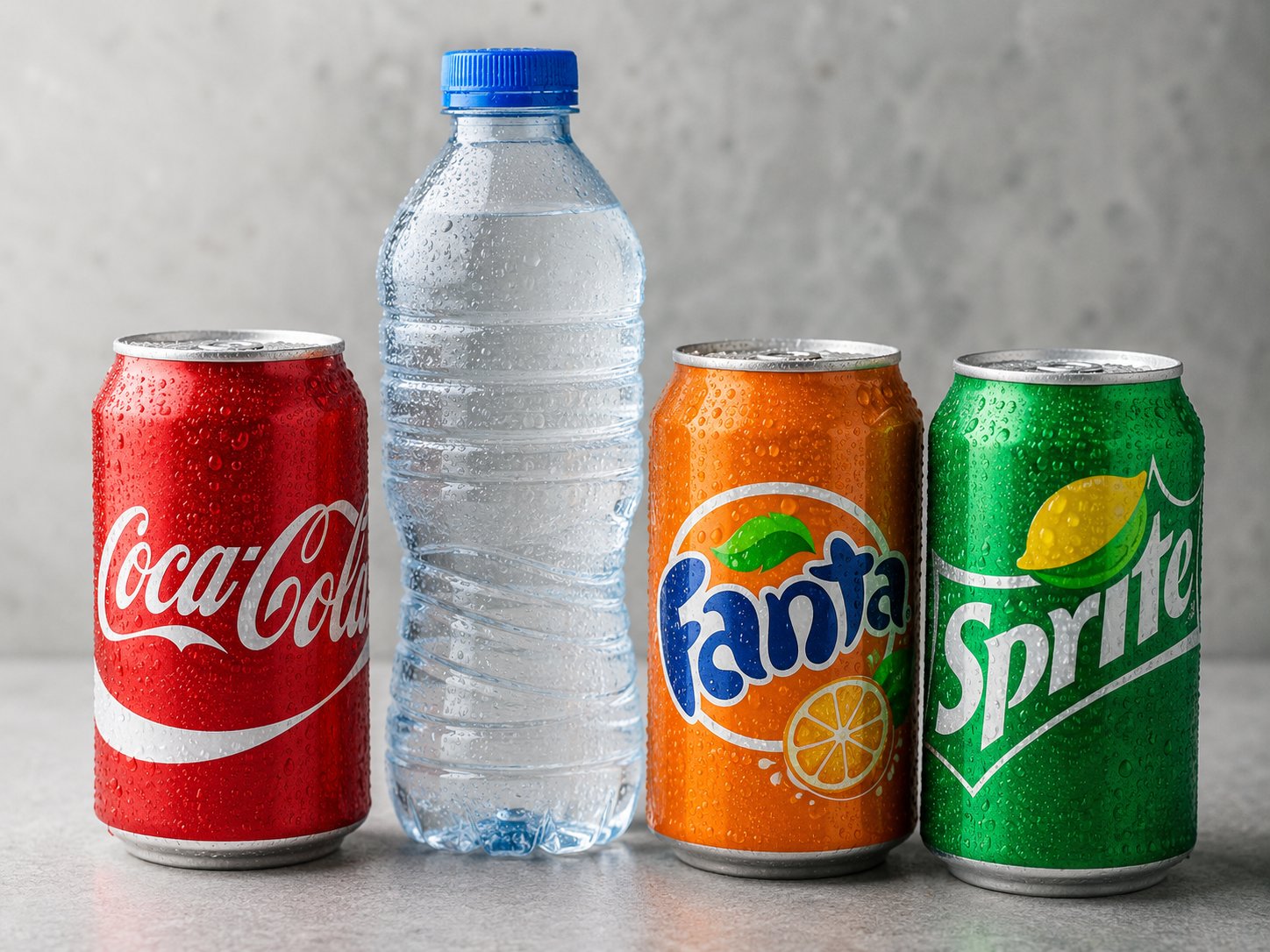 Coca-Cola, Fanta, Sprite and water