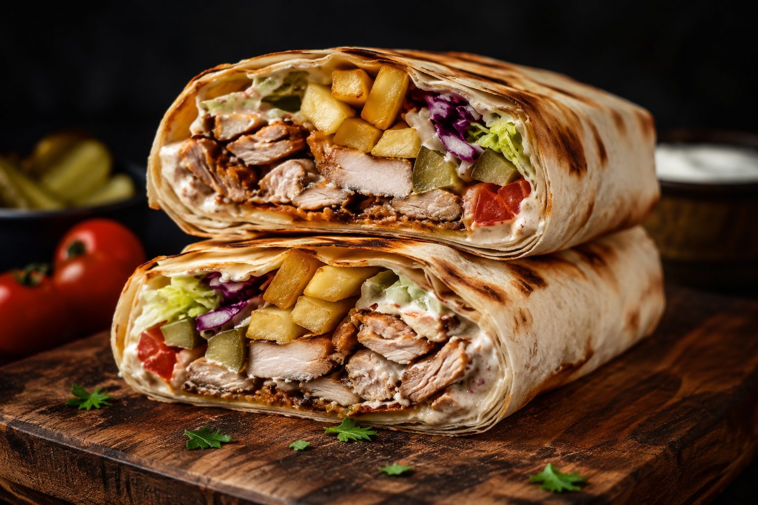 Shaorma cut open showing fries and salad